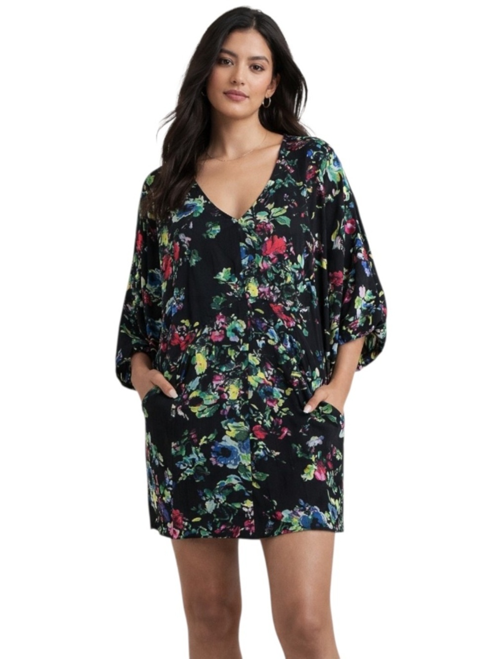Maeve Anthropologie Floral Batwing Mini Dress Tunic Pockets Black Multicolor S